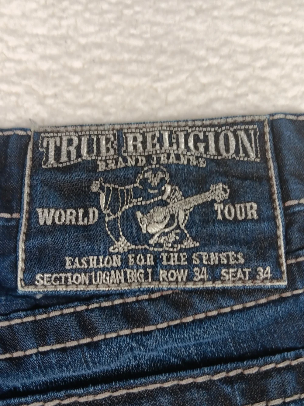 True Religion Jeans Mens 34x34 Blue Denim Logan Big T Straight Thick Stitch